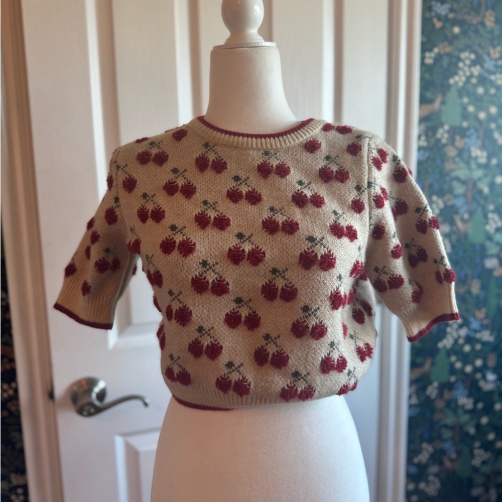 Cider Red and Beige Cherry Knit Top